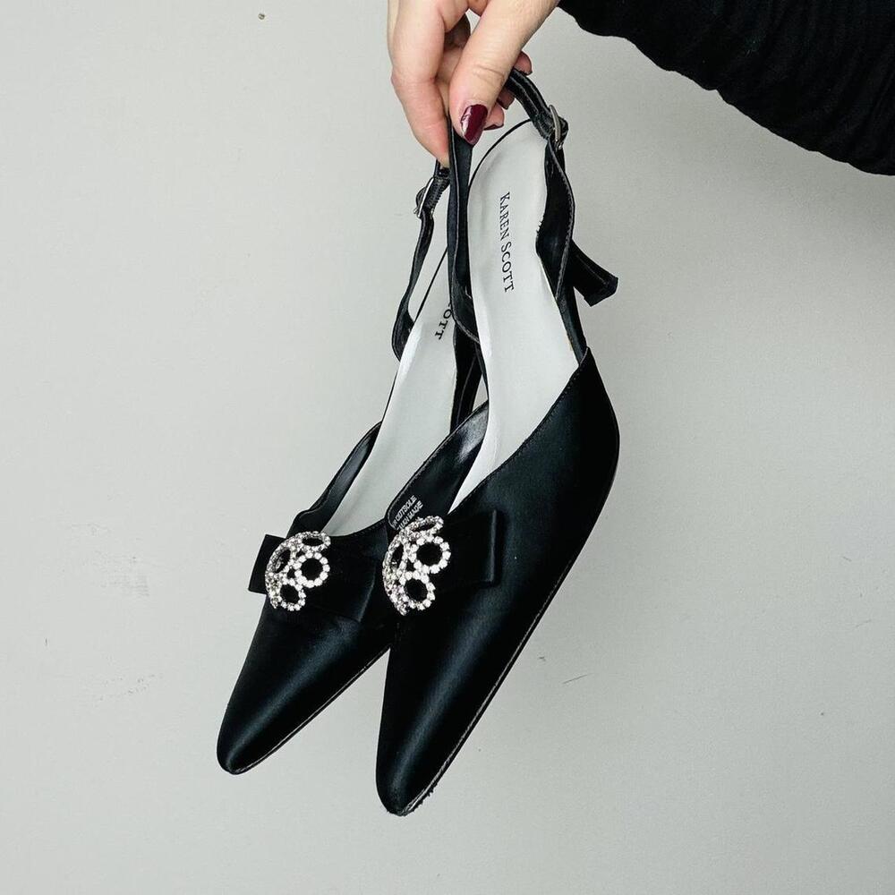 Vintage Y2K Karen Scott Satin and Leather Black Kitten Heels